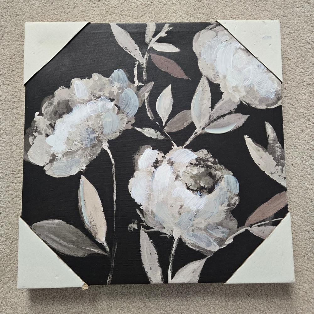 Modern Floral Canvas Wall Art Black White Gray Peony Textured Painting 16x16